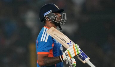 India's captain Suryakumar Yadav leaves the field after losing her wicket during the first T20 International cricket match between India and South Africa in Cuttack, India, Tuesday, Dec. 9, 2025. AP