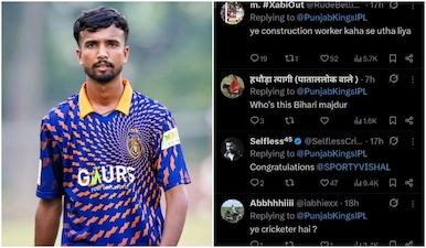 Vishal Nishad on left with screenshot of his trolling on right. Instagram/Vishal Nishad and X/PunjabKingsIPL