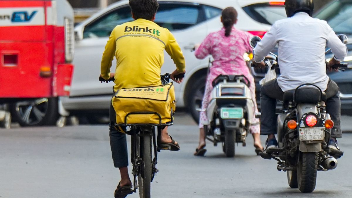 A Blinkit delivery worker peddles a bicycle, in Mumbai, January 13, 2026. PTI A Blinkit delivery worker peddles a bicycle, in Mumbai, January 13, 2026. PTI