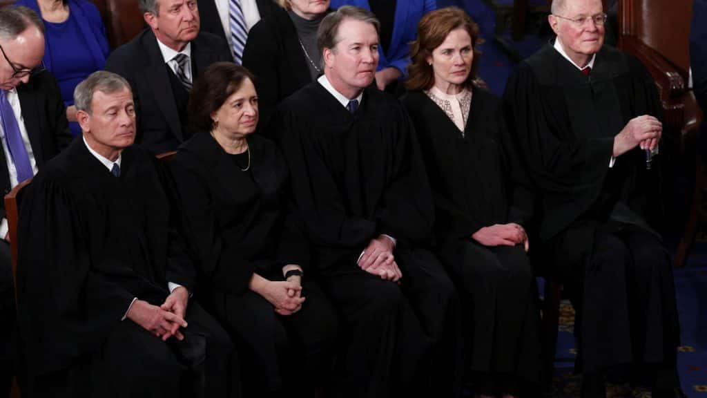 Chief Justice of the Supreme Court John Roberts, Justice Elena Kagan, Justice Brett Kavanaugh, Justice Amy Coney Barrett, and retired Justice Anthony Kennedy attend US President Donald Trump's speech to a joint session of Congress. Reuters