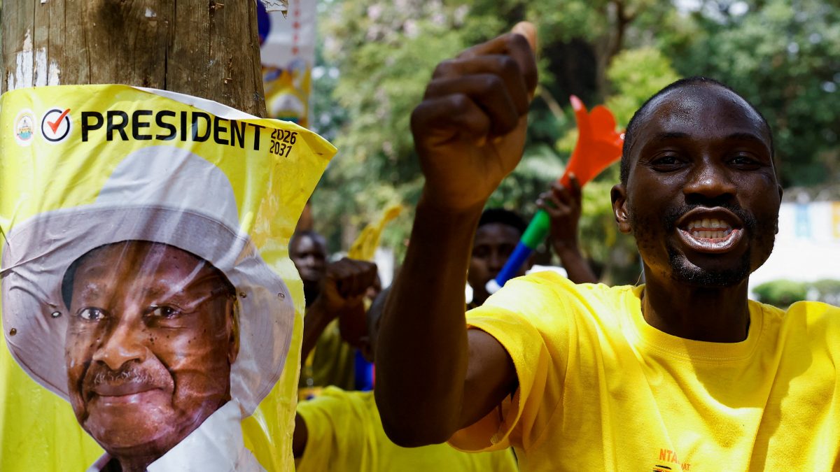 A supporter of Uganda's President and leader of the ruling National Resistance Movement (NRM) party, Yoweri Museveni, celebrates before the announcement of the final presidential results following the general election in Kampala, Uganda, January 17, 2026. REUTERS/Thomas Mukoya A supporter of Uganda's President and leader of the ruling National Resistance Movement (NRM) party, Yoweri Museveni, celebrates before the announcement of the final presidential results following the general election in Kampala, Uganda, January 17, 2026. REUTERS/Thomas Mukoya