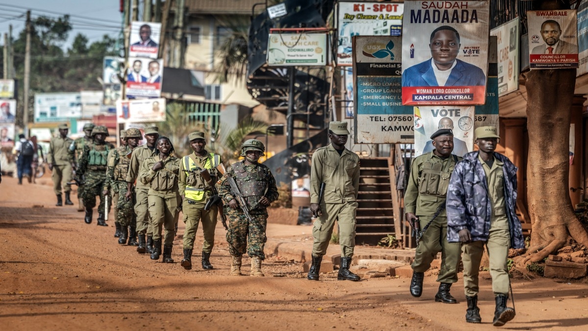 Members of Uganda’s police force and the Ugandan army patrol the streets in formation two days after the country’s 2026 presidential election as vote counting continues in Kampala on January 17, 2026. AFP Members of Uganda’s police force and the Ugandan army patrol the streets in formation two days after the country’s 2026 presidential election as vote counting continues in Kampala on January 17, 2026. AFP