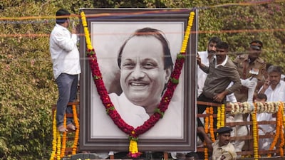 Mortal remains of Maharashtra Deputy Chief Minister Ajit Pawar being brought to Vidya Pratishthan college ground for his funeral, at Baramati in Pune district. PTI