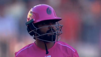 Sydney Sixers opener Babar Azam reacts after getting dismissed for a two-ball duck during the BBL Qualifier against Perth Scorchers in Perth. Image credit: Screengrab of video posted by @BBL on X