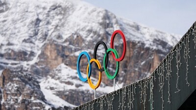 Olympic rings at the Cortina Curling Olympic Stadium in Cortina d'Ampezzo, which will host curling, wheelchair curling, and Paralympic closing ceremony in the 2026 Milano Cortina Winter Games. Reuters