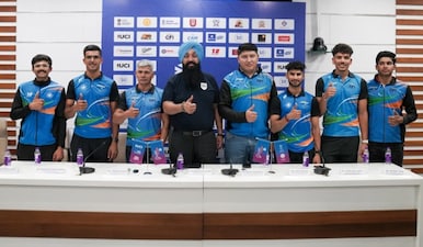 Left to Right: Manav Sarda, Rider, Indian Development Team; Harshveer Singh Sekhon, Rider, Indian National Team; Joginder Singh, Coach, Indian National Team; Maninder Pal Singh, Secretary General, CFI; Maxat Ayazabayev, Chief Coach, Indian National Team; Surya Thathu, Rider, Indian National Team; Vishavjeet Singh, Rider, Indian National Team; and Akshar Tyagi, Rider, Indian Development Team. Special arrangement