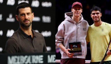 Novak Djokovic delivered a passionate press conference ahead of Australian Open as he spoke about beating Sinner and Alcaraz. Images: Reuters
