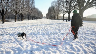 A woman walks her dog in the snow-covered Cours de la Reine garden in Paris as winter weather with snow and cold temperatures hits a large part of the country, France, on Tuesday. Reuters