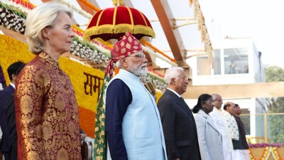 Prime Minister Narendra Modi watches the parade at Kartavya Path on the occasion of 77th Republic Day celebrations with President Droupadi Murmu, European Commission President Ursula von der Leyen, and European Council President Antonio Costa in New Delhi on January 26, 2026. (Photo: PIB)