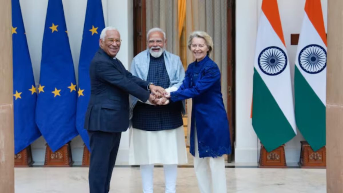 Prime Minister Narendra Modi with European Council President Antonio Costa and European Commission President Ursula von der Leyen at the India-EU Summit in New Delhi on January 27, 2025. (Image Credit: PTI) Prime Minister Narendra Modi with European Council President Antonio Costa and European Commission President Ursula von der Leyen at the India-EU Summit in New Delhi on January 27, 2025. (Image Credit: PTI)
