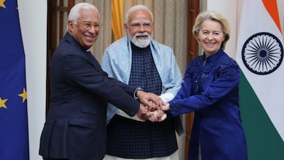 European Council President Antonio Costa, European Commission President Ursula von der Leyen, and Indian Prime Minister Narendra Modi pose during a photo opportunity ahead of their meeting at the Hyderabad House in New Delhi, India, on January 27, 2026. (Photo: Altaf Hussain/Reuters)