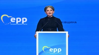 Yulia Tymoshenko speaks in Valencia, Spain, on April 29, 2025. AFP
