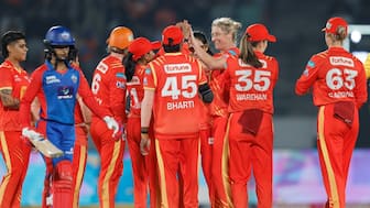 Gujarat Giants players celebrate Delhi Capitals captain Jemimah Rodrigues' dismissal off Sophie Devine's bowling at Vadodara's Kotambi Stadium. Image credit: BCCI