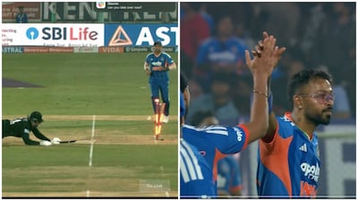 Hardik Pandya ran Mitchell Santner out with a brilliant direct hit from short third man during the fourth T20I between India and New Zealand in Visakhapatnam. Image credit: Screengrab/JioHotstar