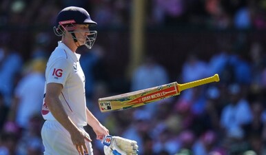England's Harry Brook reacts after he was dismissed during play on day four of the fifth and final Ashes cricket test between England and Australia in Sydney, Wednesday, Jan. 7, 2026. AP