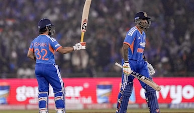 India's Ishan Kishan and Suryakumar Yadav during the second T20I cricket match between India and New Zealand, at Shaheed Veer Narayan Singh International Cricket Stadium, in Raipur, Chhattisgarh, Friday, Jan. 23, 2026. (PTI)
