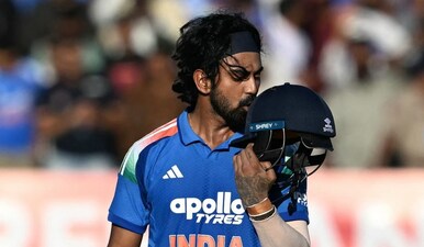 India's KL Rahul celebrates after scoring a century (100 runs) during the second one-day international (ODI) cricket match between India and New Zealand at Niranjan Shah Stadium in Rajkot on January 14, 2026. AFP