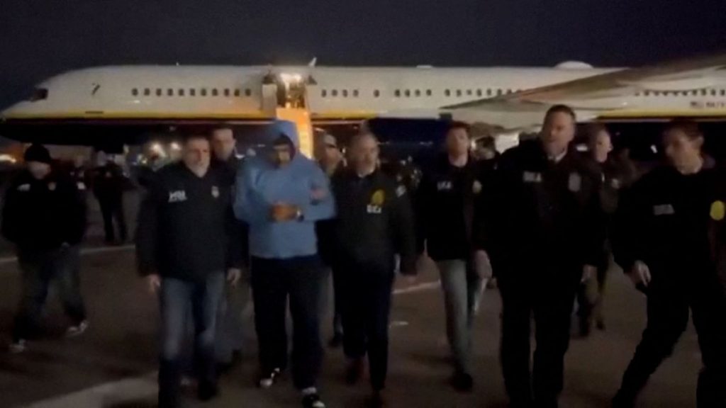 Venezuela's captured President Nicolas Maduro is led in custody from a US federal airplane, at Stewart Air National Guard Base in Newburgh, New York, US, January 3, 2026 in a still image from video from social media.