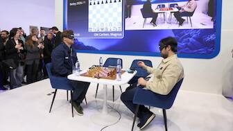 Magnus Carlsen and Hikaru Nakamura in action in a blindfold chess match in Barcelona. Image credit: FIDE