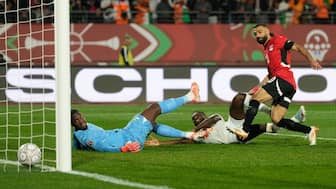 Egypt's Mohamed Salah, right, scores his side's third goal during the Africa Cup of Nations quarterfinal soccer match between Egypt and Ivory Coast, in Agadir, Morocco, Saturday, Jan. 10, 2026. AP