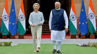 European Commission President Ursula von der Leyen and Prime Minister Narendra Modi arrive for a photo opportunity ahead of their meeting at the Hyderabad House in New Delhi, India, February 28, 2025. File Image/Reuters