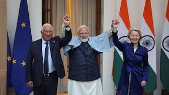 European Council President Antonio Costa, European Commission President Ursula von der Leyen and Prime Minister Narendra Modi pose during a photo opportunity ahead of their meeting at the Hyderabad House in New Delhi, India, January 27, 2026. File Image/Reuters