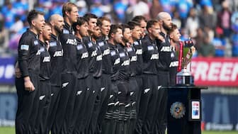 New Zealand players sing their national anthem ahead of start of play in the first ODI against India in Vadodara on Sunday, 11 January. AP
