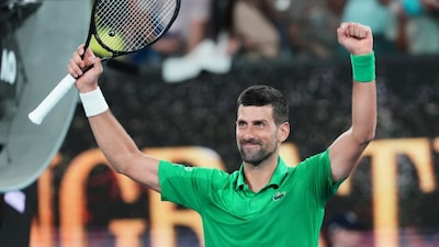 Novak Djokovic celebrates after beating Spain's Pedro Martinez in the first round of the 2026 Australian Open. AP