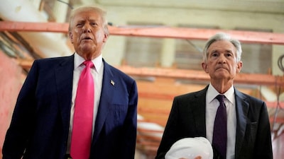 US President Donald Trump and Federal Reserve Chair Jerome Powell speak during a tour of the Federal Reserve Board building, which is currently undergoing renovations, in Washington, DC, US, July 24, 2025. File Image/Reuters