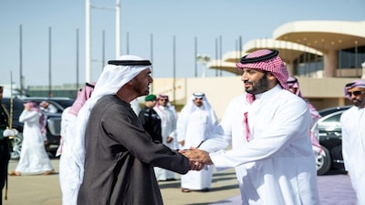 Sheikh Mohamed bin Zayed Al Nahyan, President of the United Arab Emirates, bids farewell to Prince Mohammed bin Salman bin Abdulaziz, Crown Prince and Prime Minister of Saudi Arabia, at King Khalid International Airport in Riyadh, Saudi Arabia on September 3, 2025. Reuters File
