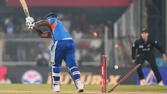 Sanju Samson is clean bowled by Matt Henry for a first-ball duck during the third T20I between India and New Zealand in Guwahati on Sunday, 25 January. AP