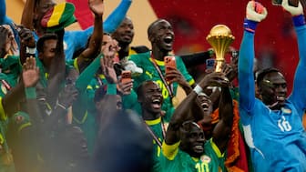 Sadio Mane lifts the trophy with his teammates following Senegal's 1-0 victory over Morocco in the 2025 Africa Cup of Nations final in Rabat. AP