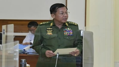 Sr Gen Min Aung Hlaing during the National Defence and Security Council meeting in Naypyidaw, Myanmar. File image: The Military True News Information Team via AP Photo