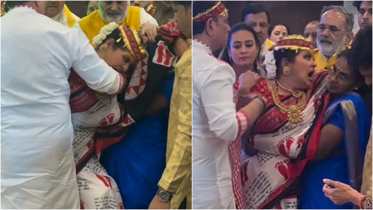 WATCH! Sudha Chandran overwhelmed with emotion during bhajan, tries to bite as devotees hold her back WATCH! Sudha Chandran overwhelmed with emotion during bhajan, tries to bite as devotees hold her back