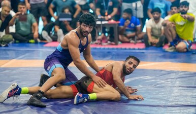 Sujeet Kalkal (in red) competes during the World Wrestling Championships trials. Image: PTI