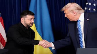 US President Donald Trump and Ukrainian President Volodymyr Zelenskyy shake hands during a press conference after their lunch meeting at Trump’s Mar-a-Lago club, in Palm Beach, Florida, US, on December 28, 2025. Reuters File
