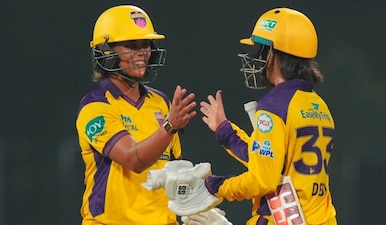 Navi Mumbai: UP Warriorz' Chloe Tryon, left, and Harleen Deol celebrate after winning the Women's Premier League (WPL) 2026 T20 cricket match against Mumbai Indians, at the DY Patil Stadium, in Navi Mumbai, Thursday, Jan. 15, 2025. (PTI)