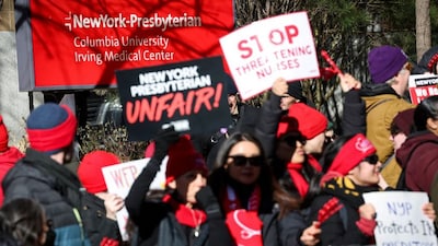 Members of the New York State Nurses Association union picket outside the NewYork-Presbyterian hospital, during their strike in New York City, U.S., January 12, 2026. Reuters