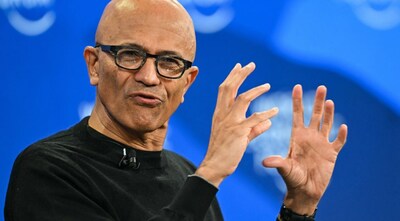 Microsoft CEO Satya Nadella gestures as he speaks during the World Economic Forum (WEF) annual meeting in Davos on January 20, 2026. Image Credit: AFP
