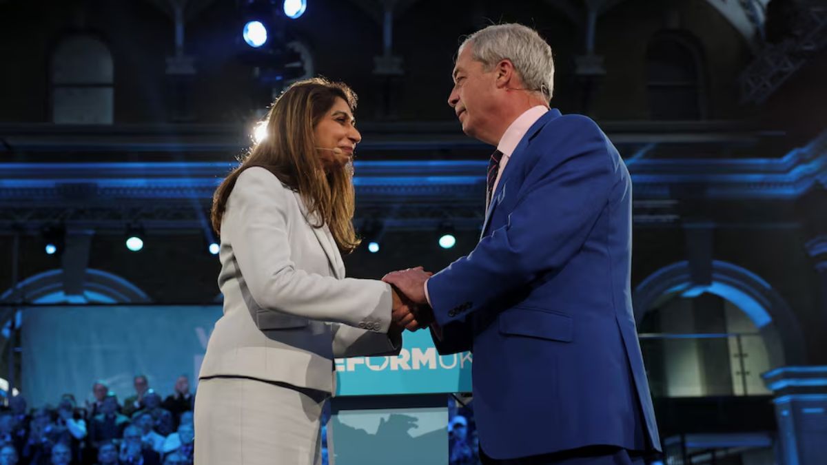 Former British Home Secretary Suella Braverman, who today announced she has defected from the Conservative Party to Reform UK, looks at Britain's Reform UK leader Nigel Farage as they attend the Veterans for Reform press launch, in London, Britain, January 26, 2026. Reuters Former British Home Secretary Suella Braverman, who today announced she has defected from the Conservative Party to Reform UK, looks at Britain's Reform UK leader Nigel Farage as they attend the Veterans for Reform press launch, in London, Britain, January 26, 2026. Reuters