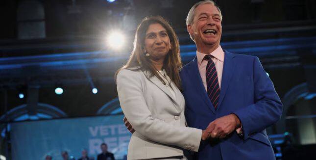 Former British Home Secretary Suella Braverman with Reform UK leader Nigel Farage. Reuters