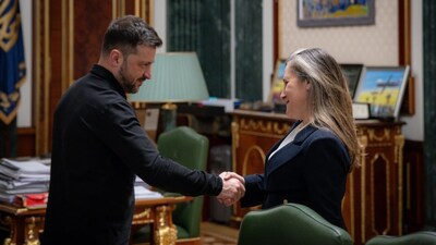 Ukrainian President Volodymyr Zelenskyy on Monday appointed Canada's former deputy prime minister Chrystia Freeland as his economic development adviser. Image Courtesy: @ZelenskyyUa
