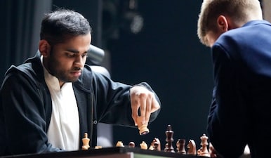 India's grandmaster (GM) Arjun Erigaisi competes against Russian GM Volodar Murzin during a match at the Tata Steel Chess India 2026 Rapid and Blitz Open tournament, in Kolkata, Saturday, Jan. 10, 2026. PTI