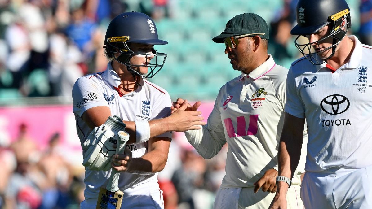 Jacob Bethell reached the three-digit mark in style with a massive six. Image: AFP Jacob Bethell reached the three-digit mark in style with a massive six. Image: AFP