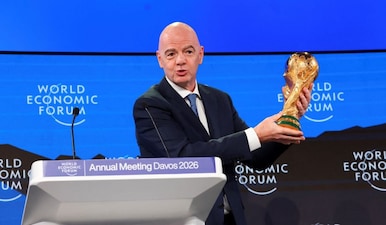 Gianni Infantino attended the World Economic Forum meeting in Davos with the World Cup trophy. Image: Reuters 