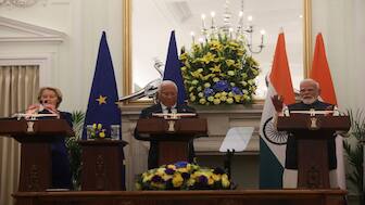 Prime Minister Narendra Modi speaks during a joint press statement with European Council President Antonio Costa and European Commission President Ursula von der Leyen at the Hyderabad House in New Delhi, India. Both sides announced that they have sealed the mother of all trade deals after years of negotiations. Reuters