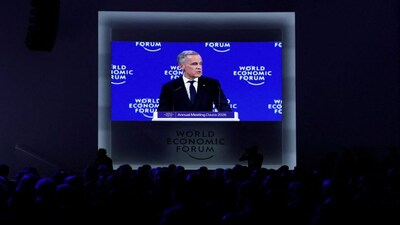 Canada's Prime Minister Mark Carney appears on a screen as he speaks during the 56th annual World Economic Forum (WEF) meeting in Davos, Switzerland, January 20.  He delivered a brutal takedown of Donald Trump's chaotic policies. Reuters