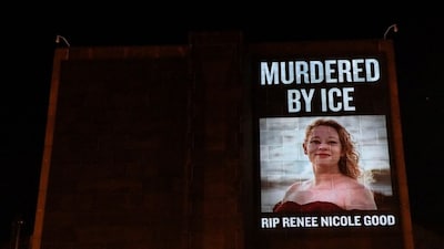 An RIP projection for 37-year-old Renee Nicole Good is projected on the outside of the US Department of Housing and Urban Development building, after a US immigration agent shot and killed her in her car in Minneapolis, in Washington. Reuters