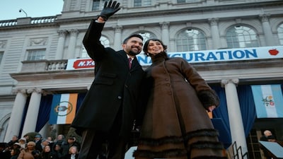 New York City Mayor Zohran Mamdani (left), stands with his wife, Rama Duwaji, during his inauguration ceremony on January 1, 2026, in New York. AP