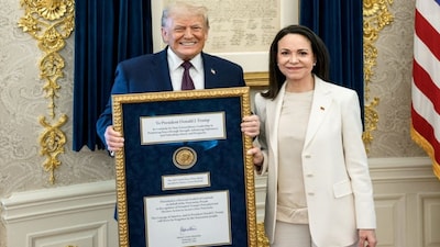 US President Trump meets with Venezuelan opposition leader Maria Corina Machado in the Oval Office, during which she presented the President with her Nobel Peace Prize, in Washington, DC on January 15. Daniel Torok/The White House/Handout via Reuters